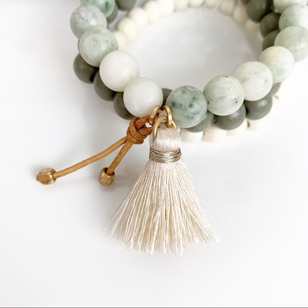 LAST ONE! Wood w/ Natural Stone Bead Bracelet Mint - Picture 2 of 6